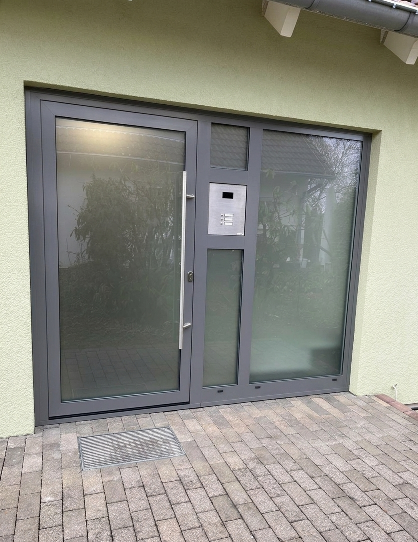 Haustür Umbrabraun mit Glasausschnitt und Stahlapplikation