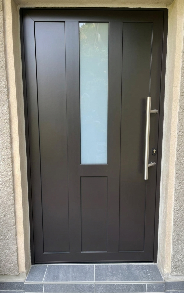 Haustür grau mit vier Glasfeldern